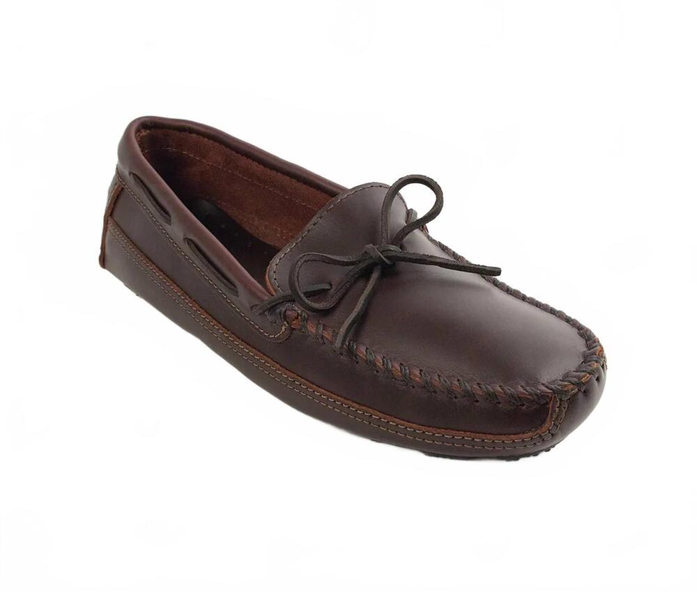 NEW MINNETONKA men's double bottom driver cowhide moccasin in brown smooth leath